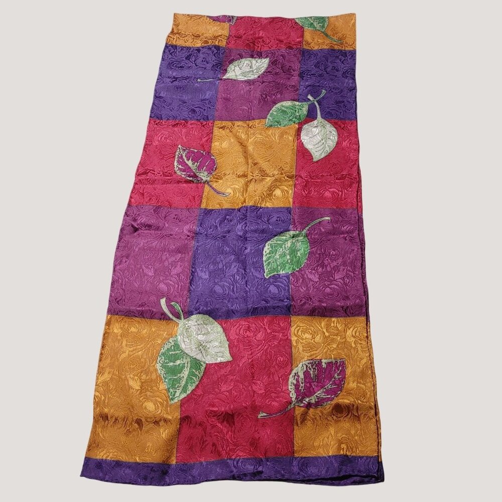 Vintage Adolfo Silk Scarf Leaf Print Purple Orange Red 50s Style Baar Beards